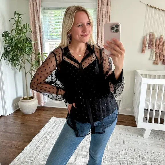 NWT J. Crew Tie-Neck Long Sleeve Top in Dotted Tulle Black 16 $148 - Picture 2 of 12